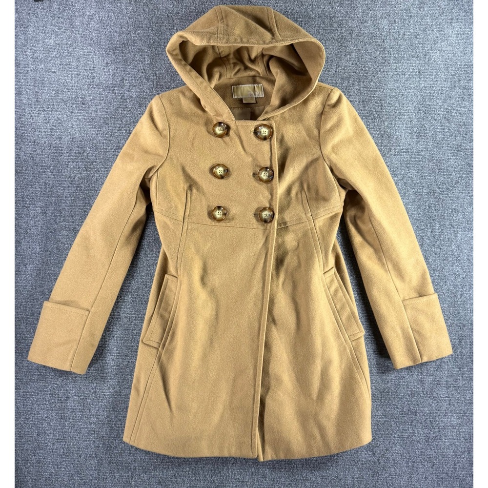 Michael Michael Kors Camel Tan Hooded Double Breasted Wool‎ Blend Peacoat Size 4